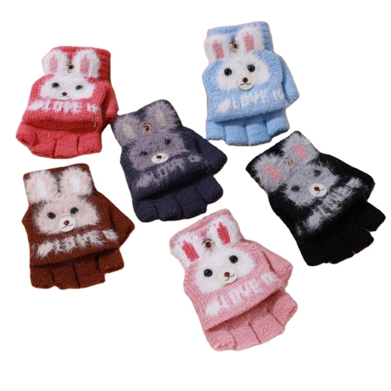 Lovely rabbit Kids Toddler Magic Winter Flip Mitten Gloves Child Kid Knitted Convertible Flip Top Fingerless Gloves Mittens
