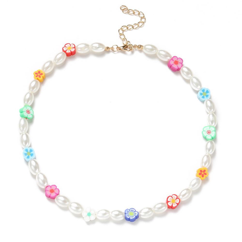 Womens Flower Choker Necklaces Ladies Short White Simulated Pearl Beads Chocker Necklace for OOTD Layers Neck Jewelry Gifts