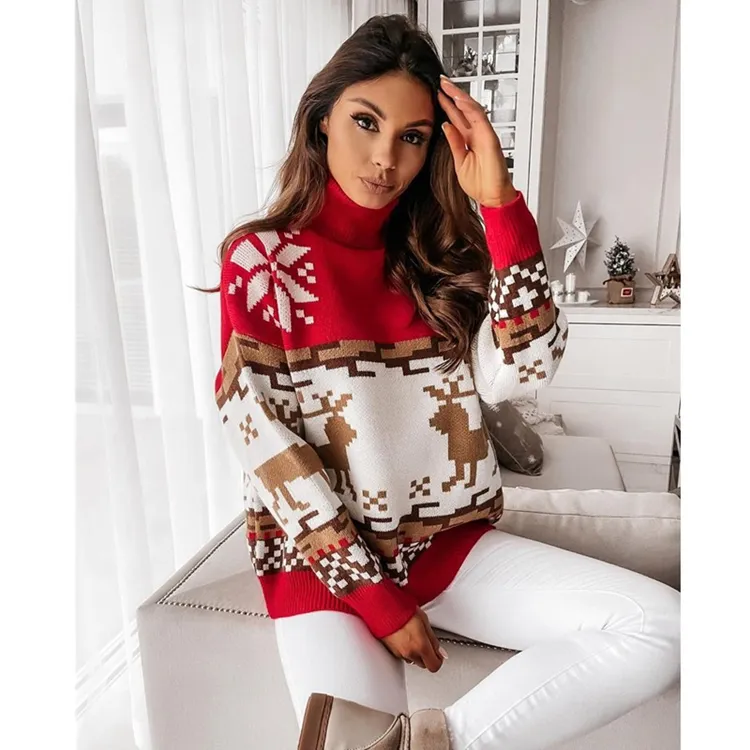 2021 Christmas Winter New Ladies High Neck Comfortable Warm Christmas Sweater Elk Christmas Jacquard Knitted Women Sweater
