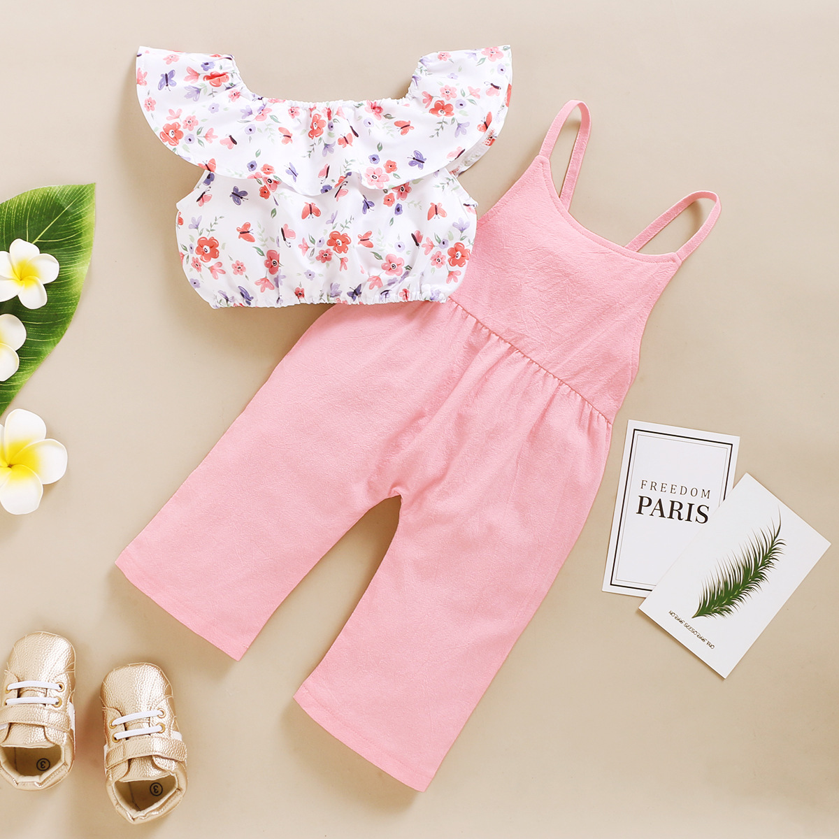 Mysweeby/оптовая продажа, новый дизайн, одежда для малышей Топ с короткими рукавами и цветочным рисунком, однотонные штаны с лямкой на шее модные летние комплекты из 2 предметов для маленьких девочек