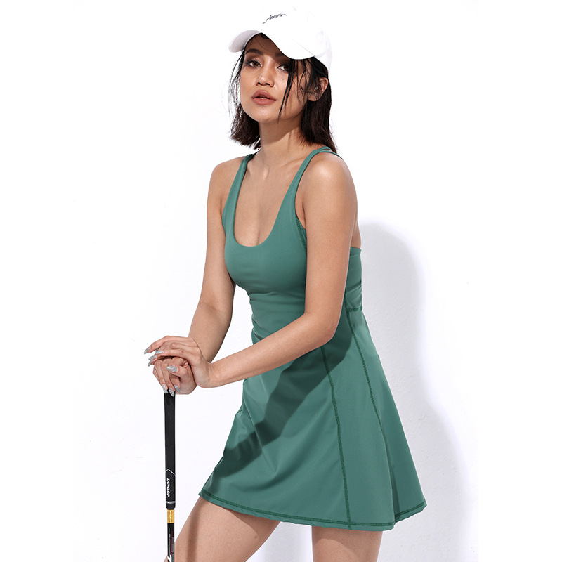 Women Nude Sleeveless Soft Athletic Dress Golf Workout Skirt Tennis Dress With Shorts