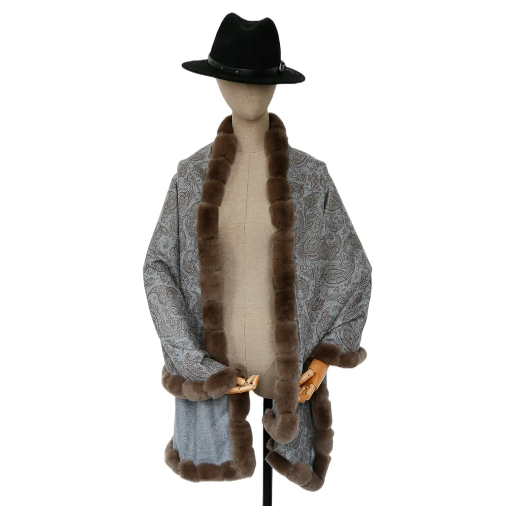 Hot Sale Wool Shawl With Printing Solid Color Double Sided Fur Trim High Quality Shawl