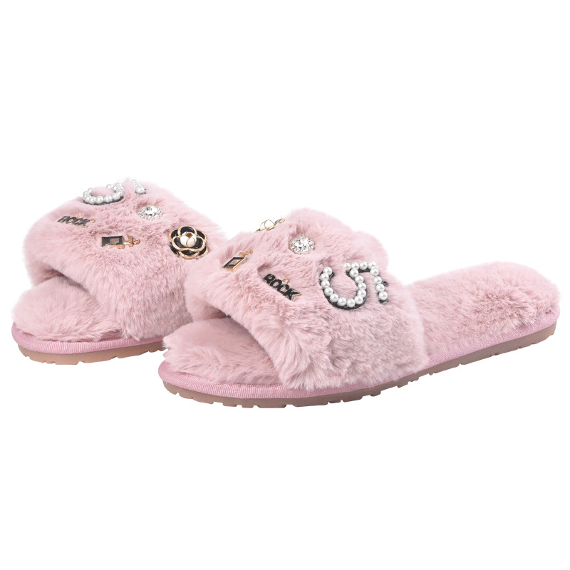 Newest women fur slippers rhinestones crystal faux furry shoes slides sandals winter fall cotton hair plush slipper