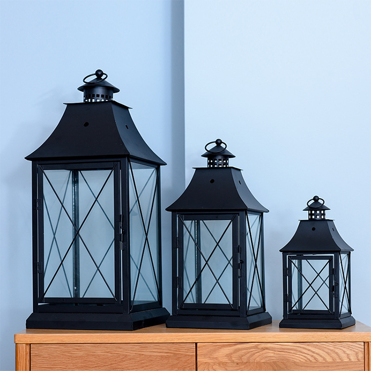 Set Of 3 Solid White/ Black Metal And Glass Hallow Out Roof Easy To Lock Candle Lantern With Handle