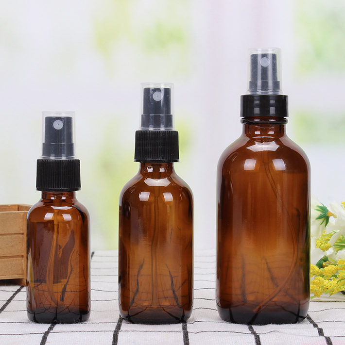 Hot Selling Ready to Ship Amber Glass Spray Bottle 100ml with Black Cap