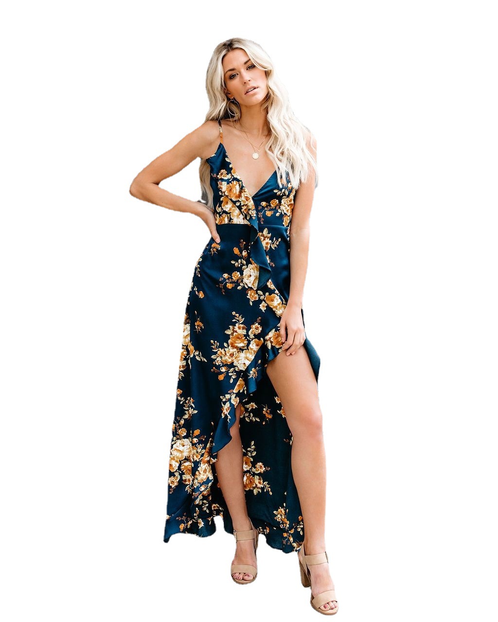 2021 women's summer satin dress isn't style new dress sexy slit V neck midwaisted skirt