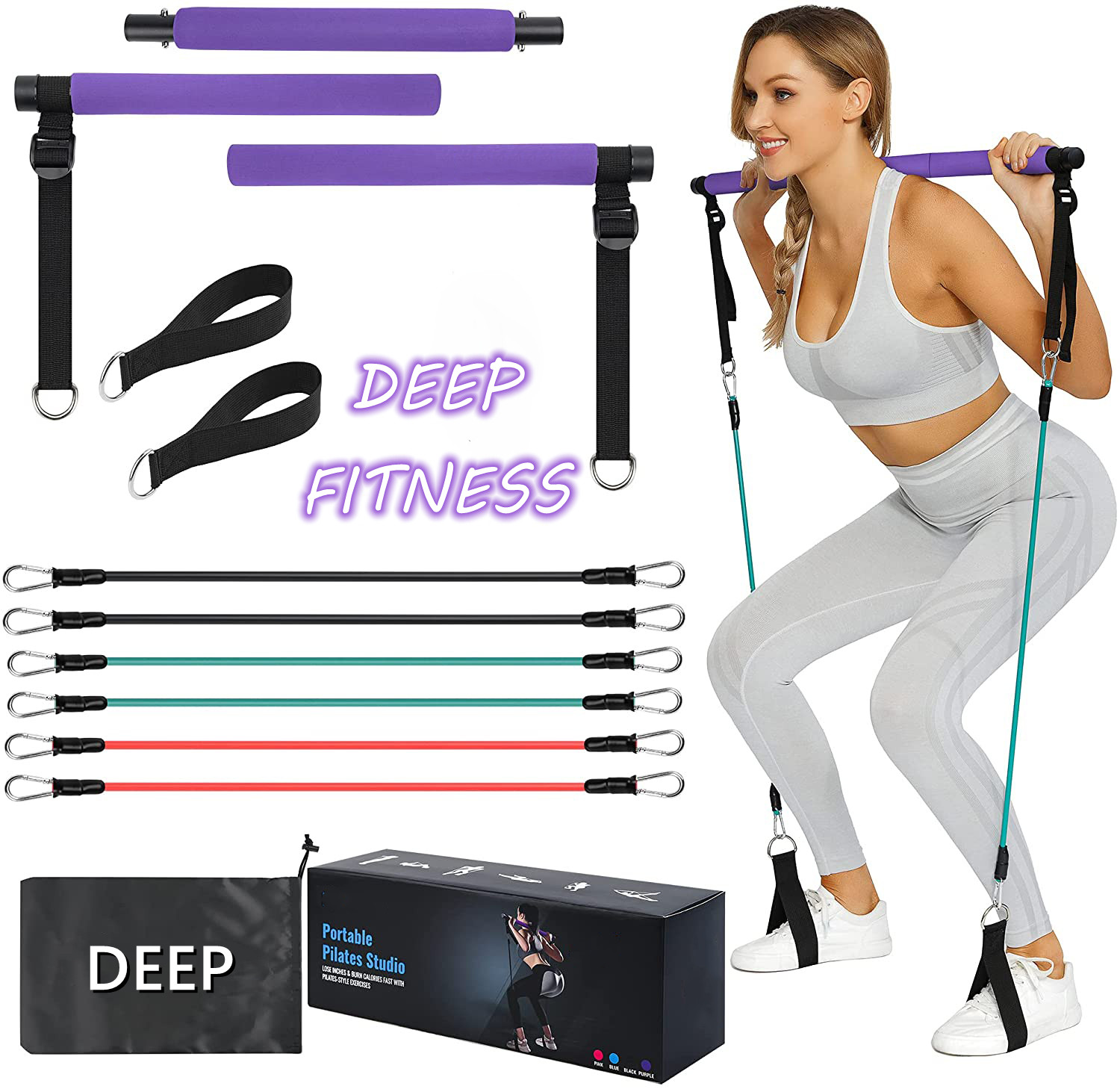 yoga exercise home fitness adjustable portable foot loop pilates bar kit with high resistance bands pro