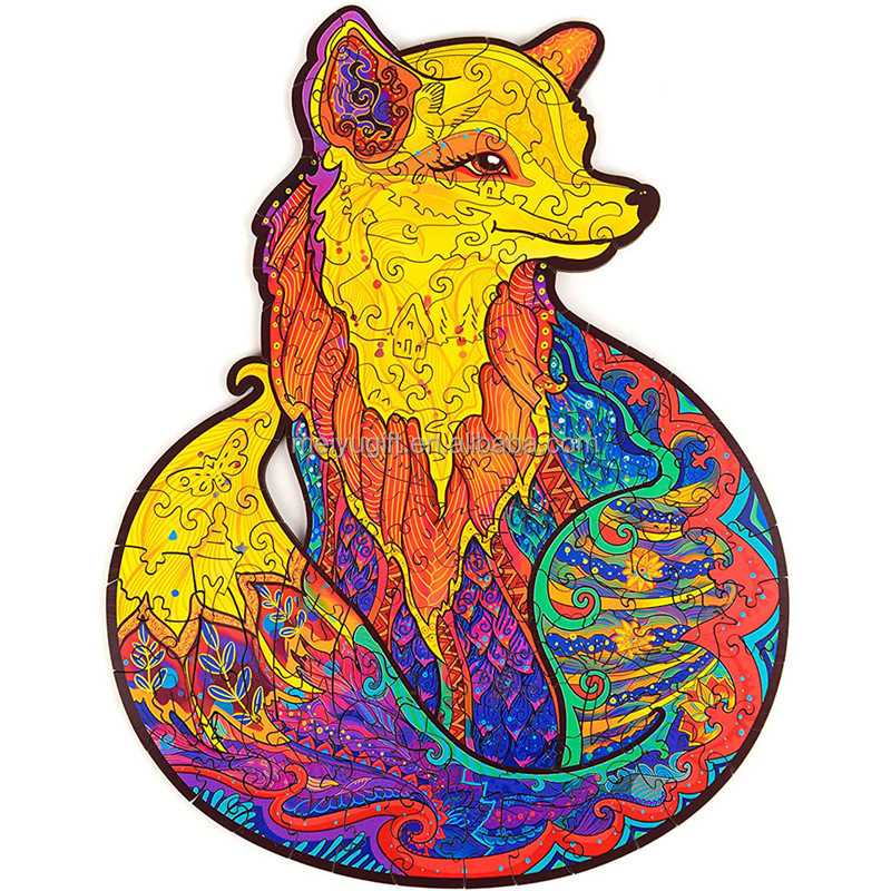 Wooden Jigsaw Puzzles Uniquely Shaped Animal Majestic Fox-Shaped Puzzle Family Game Wooden Puzzles for Adults