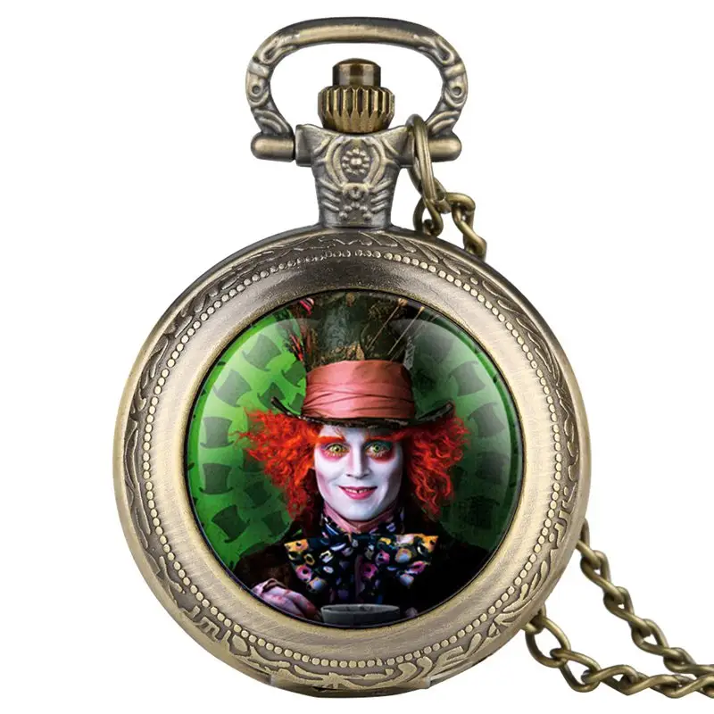 Alice in Wonderland Mad Hatter Rabbit Drink Me Tag Bronze Quartz Pocket Watch for Women Girls