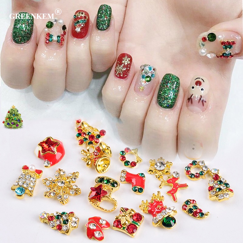 Greenkem Christmas Nail Art Snowflake Charoms Nail Decoration Accessories Set File Santa Bell Elk Christmas Nail Charms