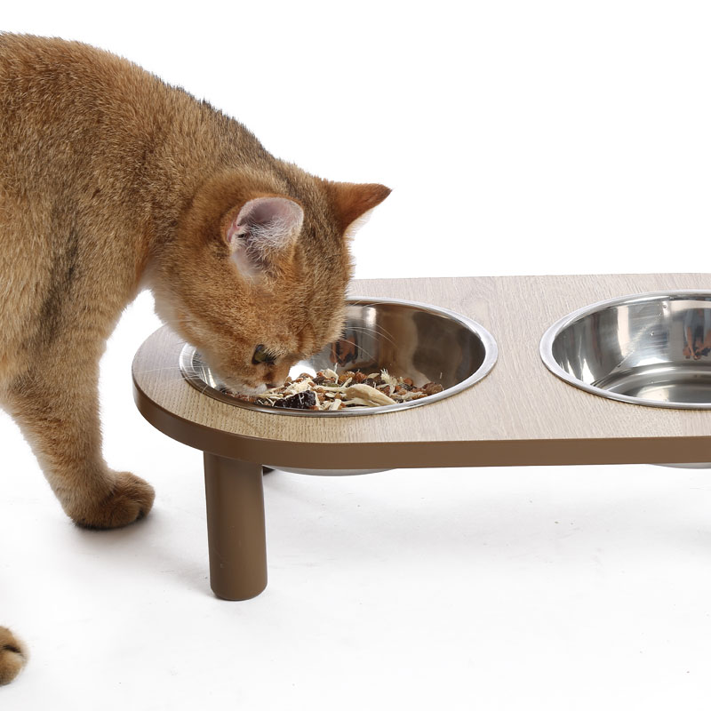 Quantity wooden stand cat dog double stainless bowls pet dining table cat feeder bowl