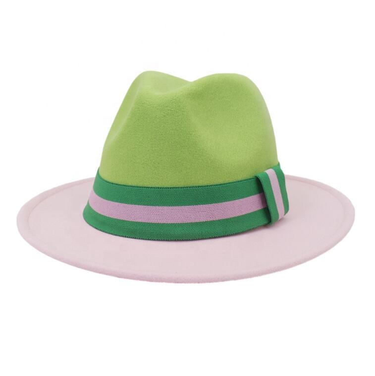 High Quality Wool felt Panama fedora Hat two color pink green hat with Green Pink Band For Women and men