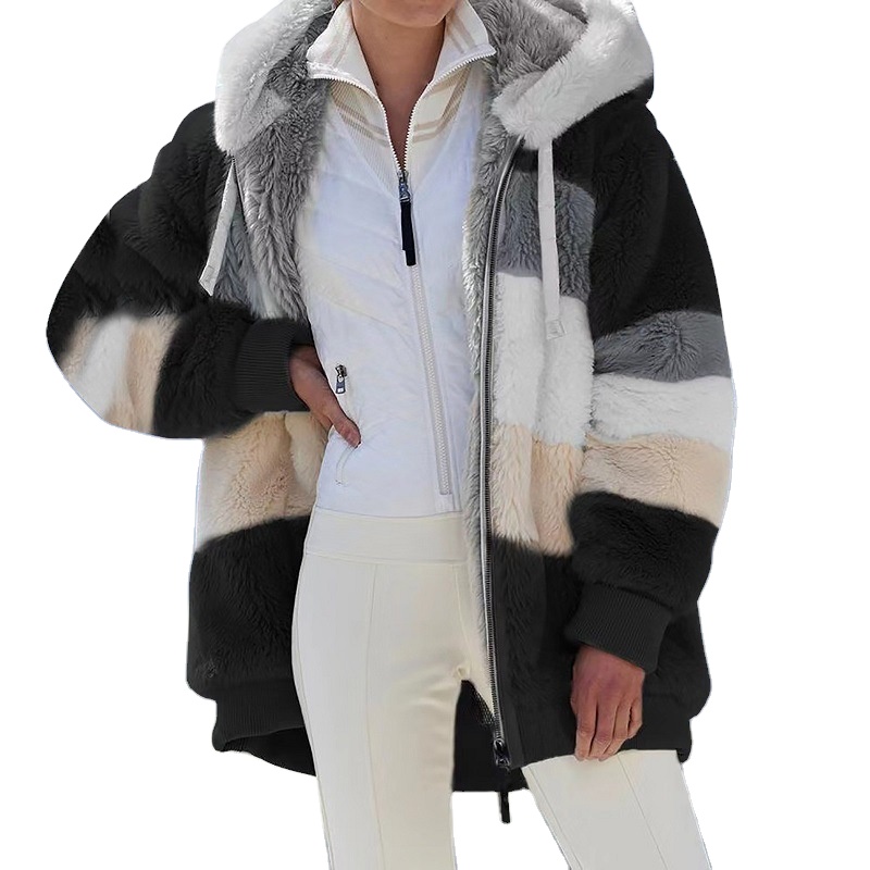 2021 Winter Warm Mixee Color Casual Hooded Plush Streetwear Plus Size Winter Outwear Jacket Fur Coat with Pockets