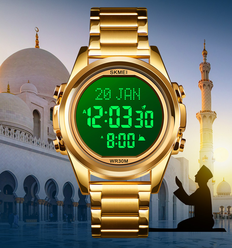 Luxury SKMEI 1667 Muslim Wrist Watch Stainless Steel Band Multifunction Digital Watch For Men
