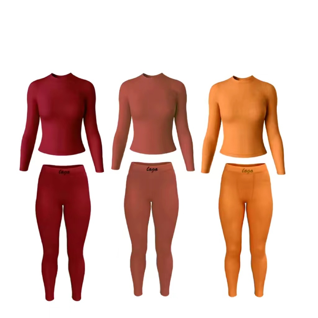 Custom logo Long Sleeves Tshirt Legging Two 2 Piece Set Fall 2024 Women Clothes Lounge Wear Dupe Loungewear Women's Sports Suits
