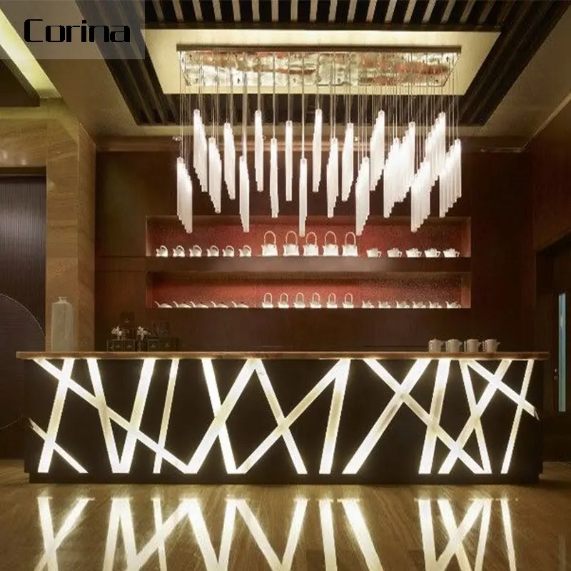 Modern Translucent Crystal White Solid Surface Stone LED Bar Counter Design For Restaurant