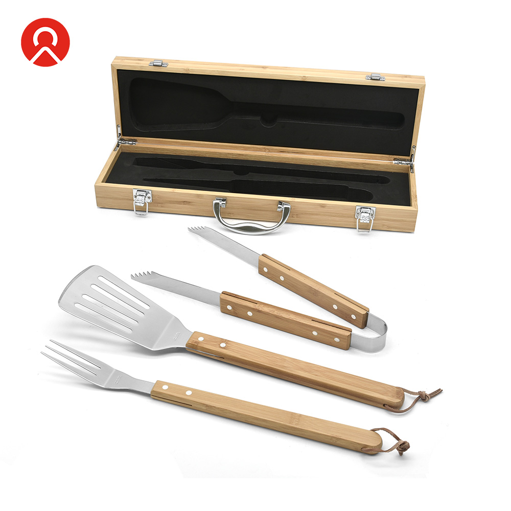 Hot selling Bamboo Handle Stainless Steel Outdoor Camping BBQ Grilling Tool Set 3pcs BBQ TOOL SET