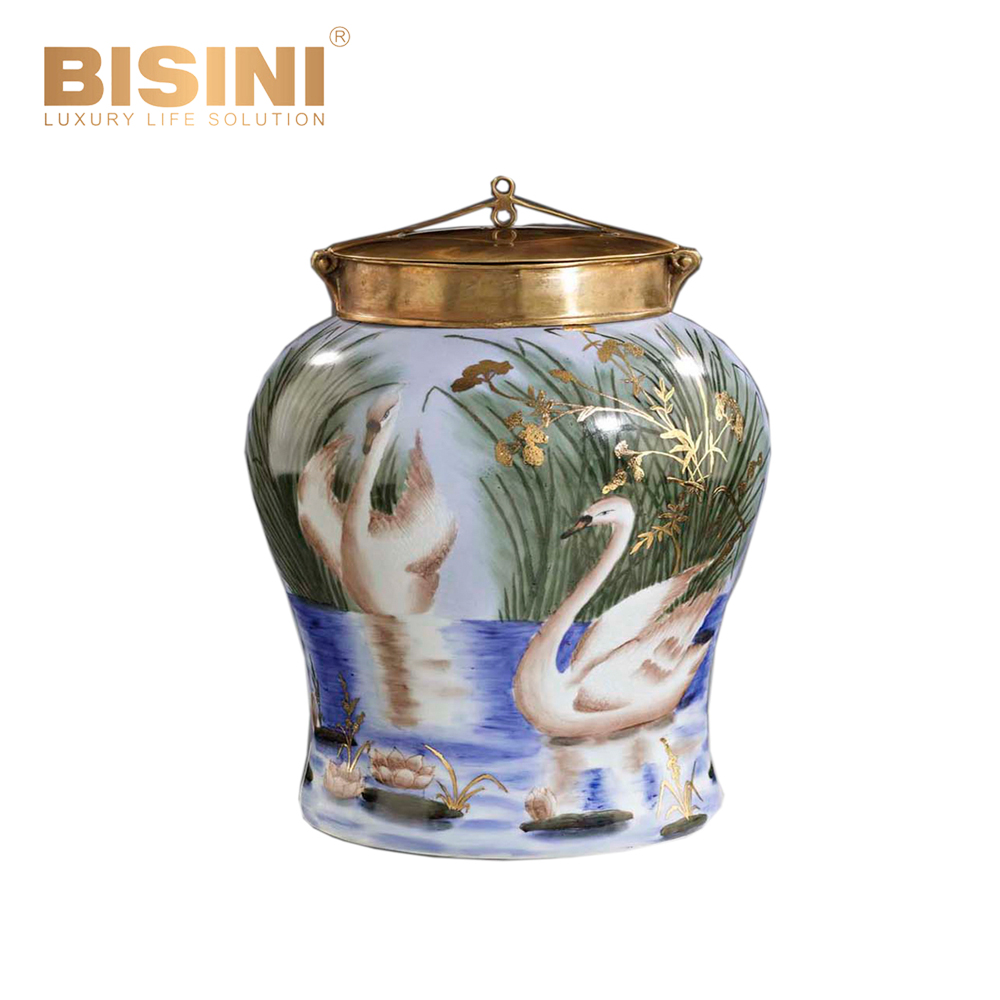 Graceful Enameled Art Style Pure Copper and Porcelain Jar for Decoration