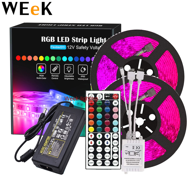 Светодиодная лента RGB 5050 SMD, 10 м, Диодная гибкая лента 12 В постоянного тока + ИК-пульт дистанционного управления + адаптер для дома, кухни, Рождества