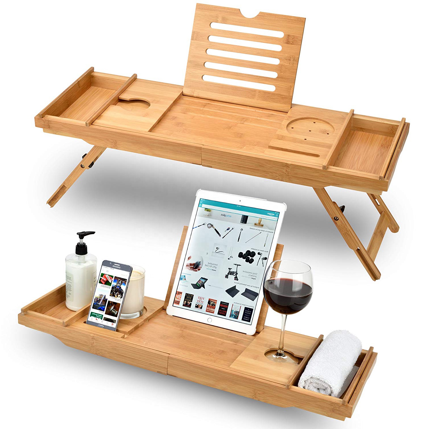 Natural Luxury Expandable Bath Rack Bed Serving Table Bamboo Bathtub Caddy Tray With Foldable legs