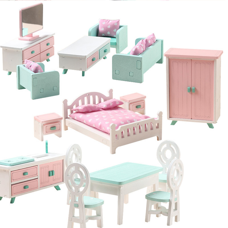 3 set style Funny Kids Pretend Role Wooden Toy Dollhouse Nursery Room dining room living romm Miniature Furniture