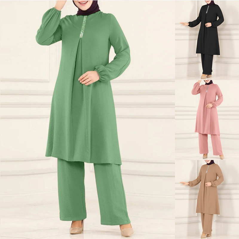 Fashion Modest Sets Women 2 Piece Long Sleeve skirts and tops Muslim Suit Sequins Hijab-friendly Modest clothing Set