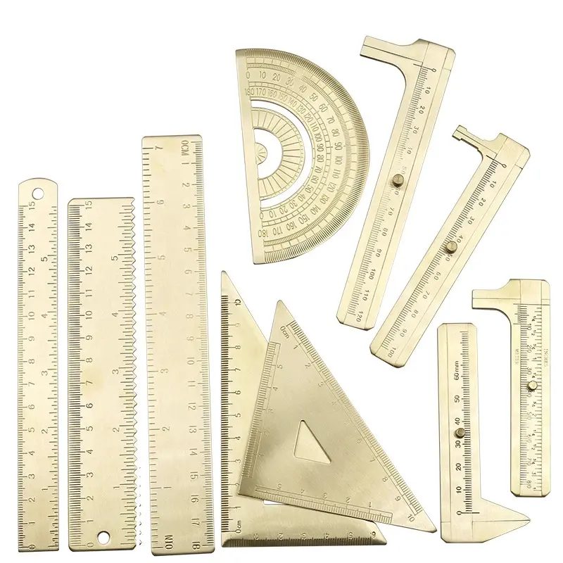 Mini Solid Brass Caliper Copper Vernier Scale Vintage Ruler Retro Triangle Ruler Protractor Pocket Portable Measurement Tool Set
