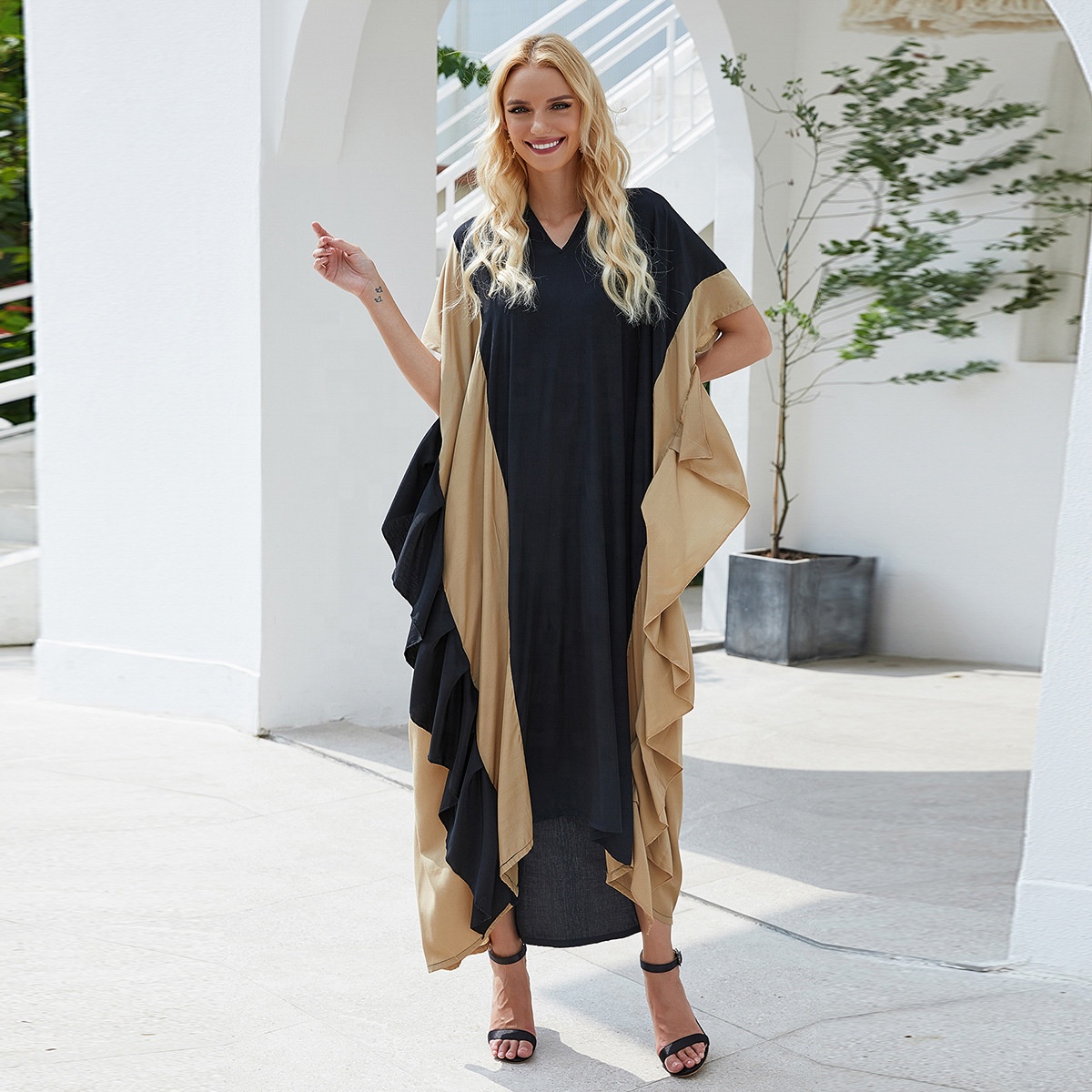 2021 New Contrast Color Asymmetric Cut Design Modest Islamic Folk Clothing Middle East Women Robe Kimono Muslim Dress Abaya