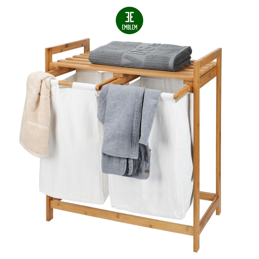 Bamboo Laundry Hamper with Dual Compartments,Two-Section Laundry Basket with Removable Sliding Bags & Shelf