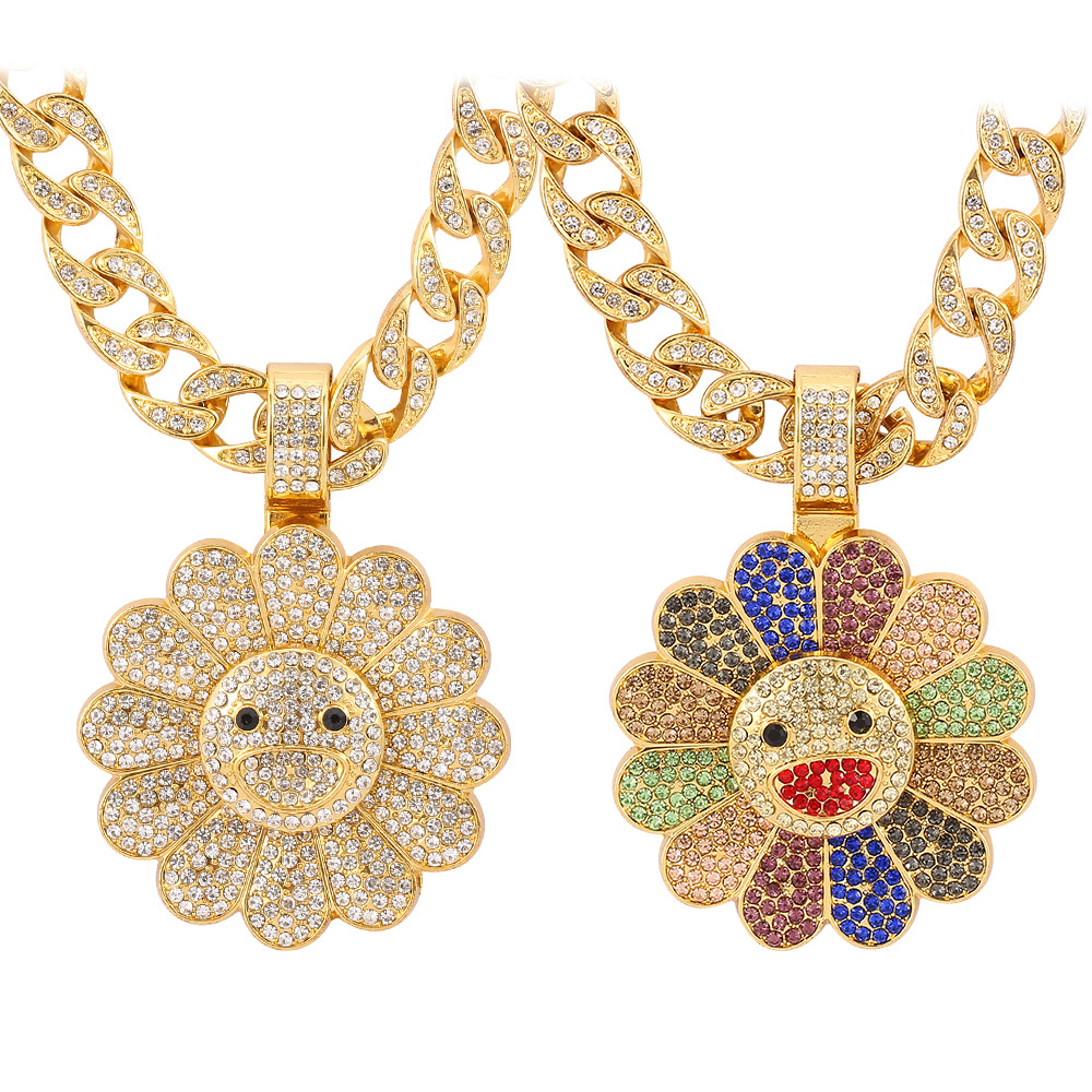 Hip Hop Ice Out Cuban Link Necklace Rotating Colorful Diamonds Sun Flower Pendant Necklace