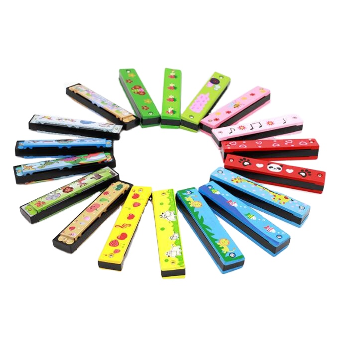 Amazon hot sell wooden musical harmonica wooden colorful 16 holes bee harmonica for kids educational toy