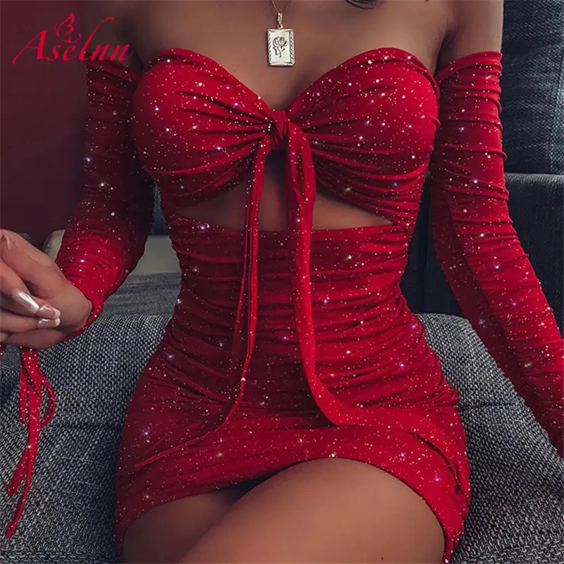 Aselnn Glitter Off Shoulder Ruched Bodycon Dress Women Long Sleeve Warp Knot Red Mini Dress Female Nightclub Party Vestid