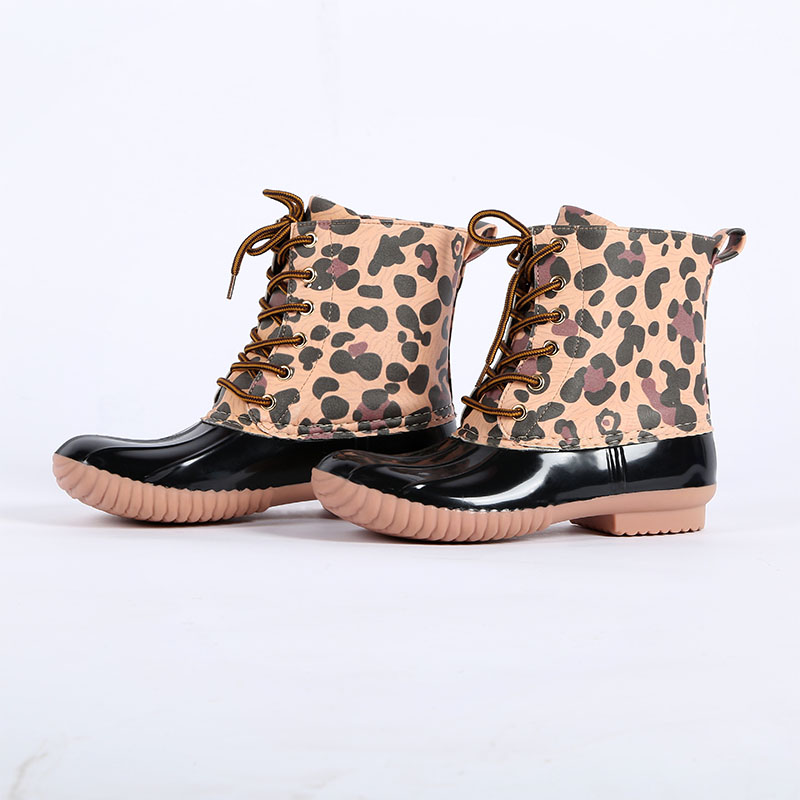 Women's Lace Up Snow Boots Monogrammed Low Heel Pu Leather Leopard Print Duck Boots