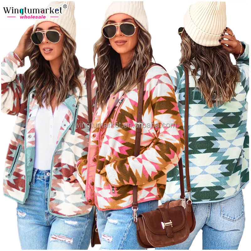 Western aztec ethnic style sherpa women jackets lapel button down coats tribe geometric print fleece jacket with zipper pockets