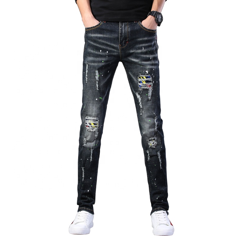 2021 Spring and Autumn jeans men's self-cultivation holes ripped patch personality trend beggar jeans