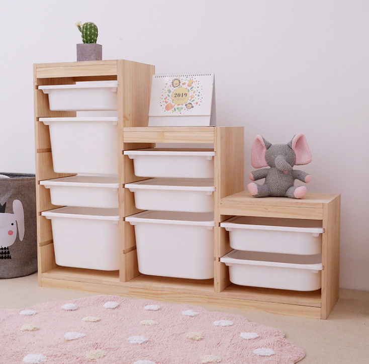 Kids Solid Wood Toy Storage Drawer With Plastic Boxes Lockers Large-capacity Shelves