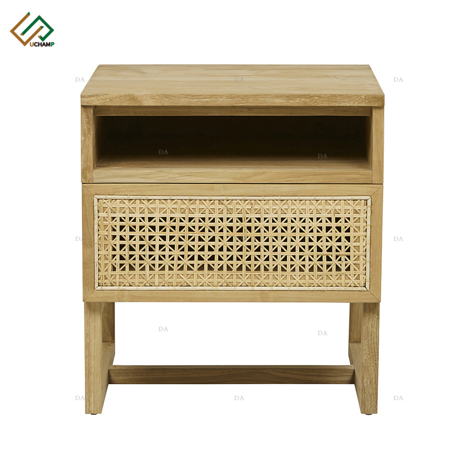 Wooden Furniture One Drawer Nightstand Rattan Bedside Tables
