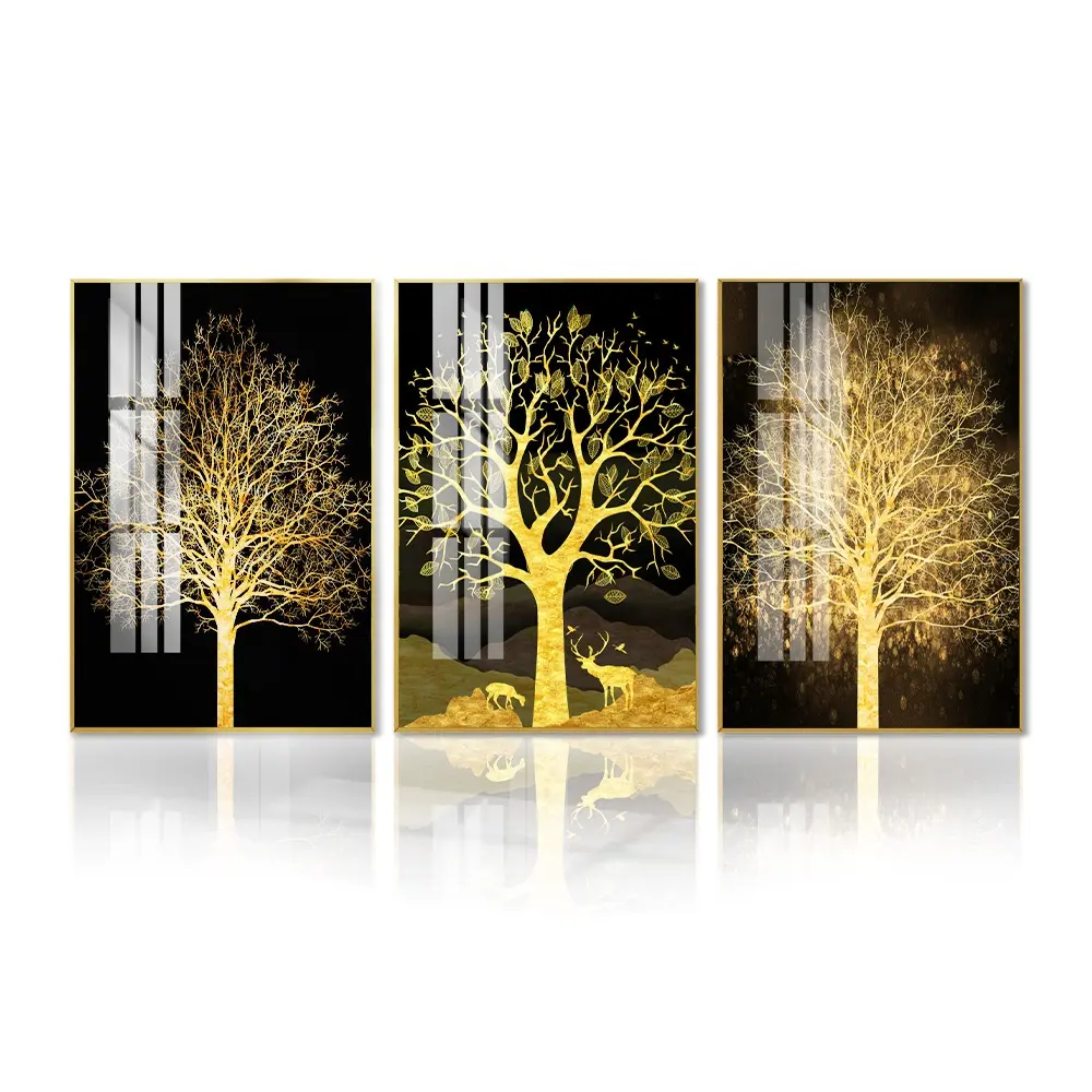Hotel Home Decoration Artwork Golden Tree 3 Sets Crystal Porcelain Paintings
