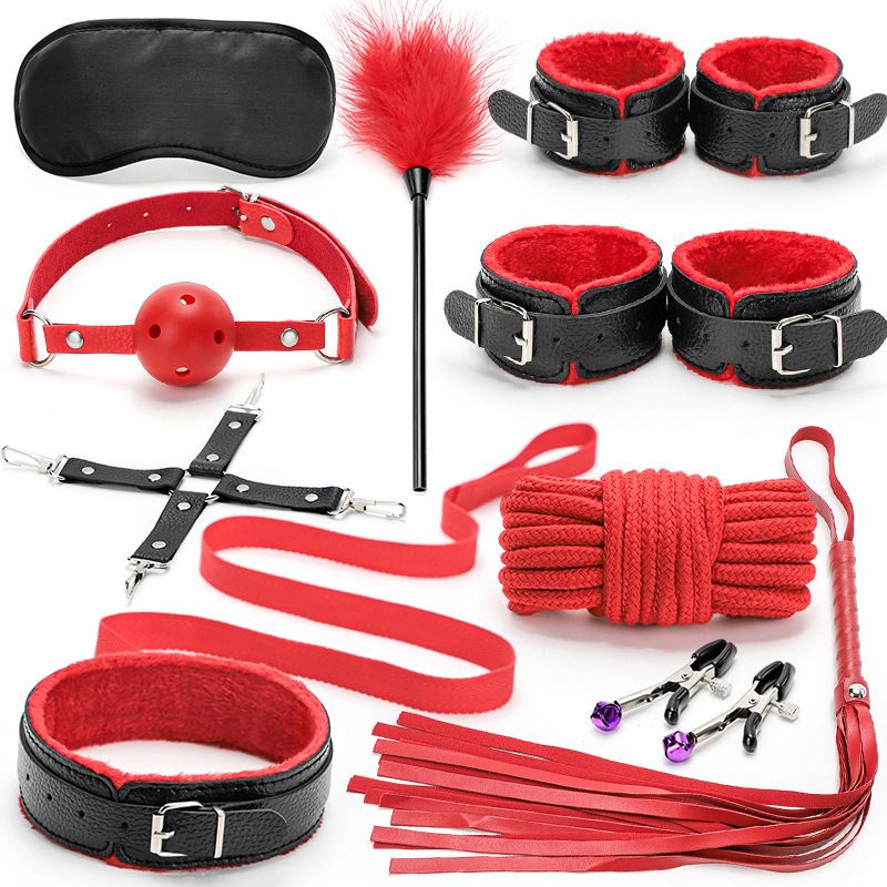 10Pcs/Set Erotic SM BDSM Toys Leather BDSM Sex Kits Bondage Handcuffs Whip Gag Nipple Clamps Sex Toys For Adult Sex Game