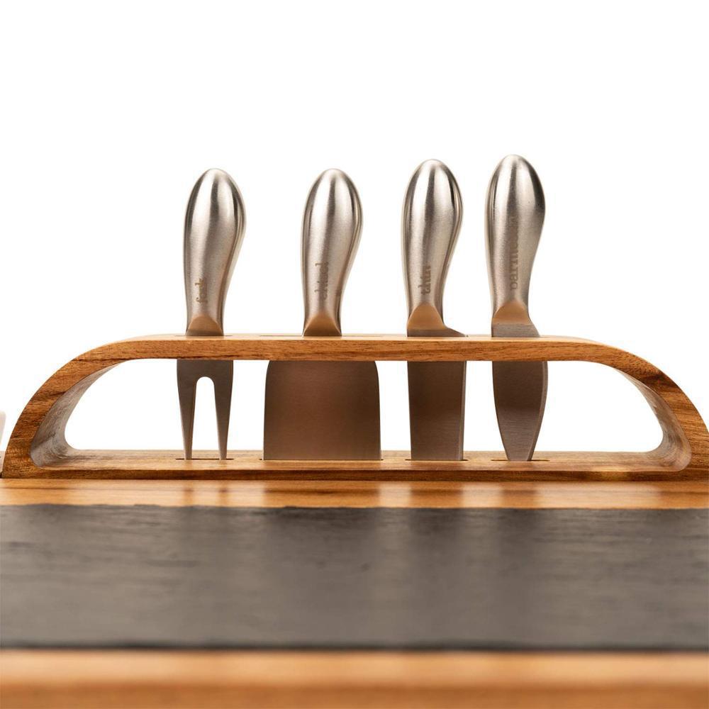 100% Natural Bamboo Granite Cheese Platter Cutting Board Set with 4 Piece Cutlery Set