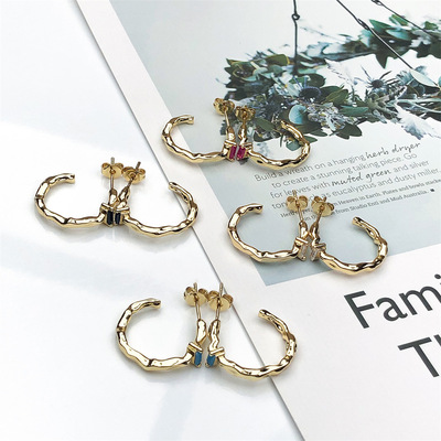 Fashionable Gold Plated Colorful CZ Half Circle Earring Cubic Zirconia Irregular Circle Stud Earring