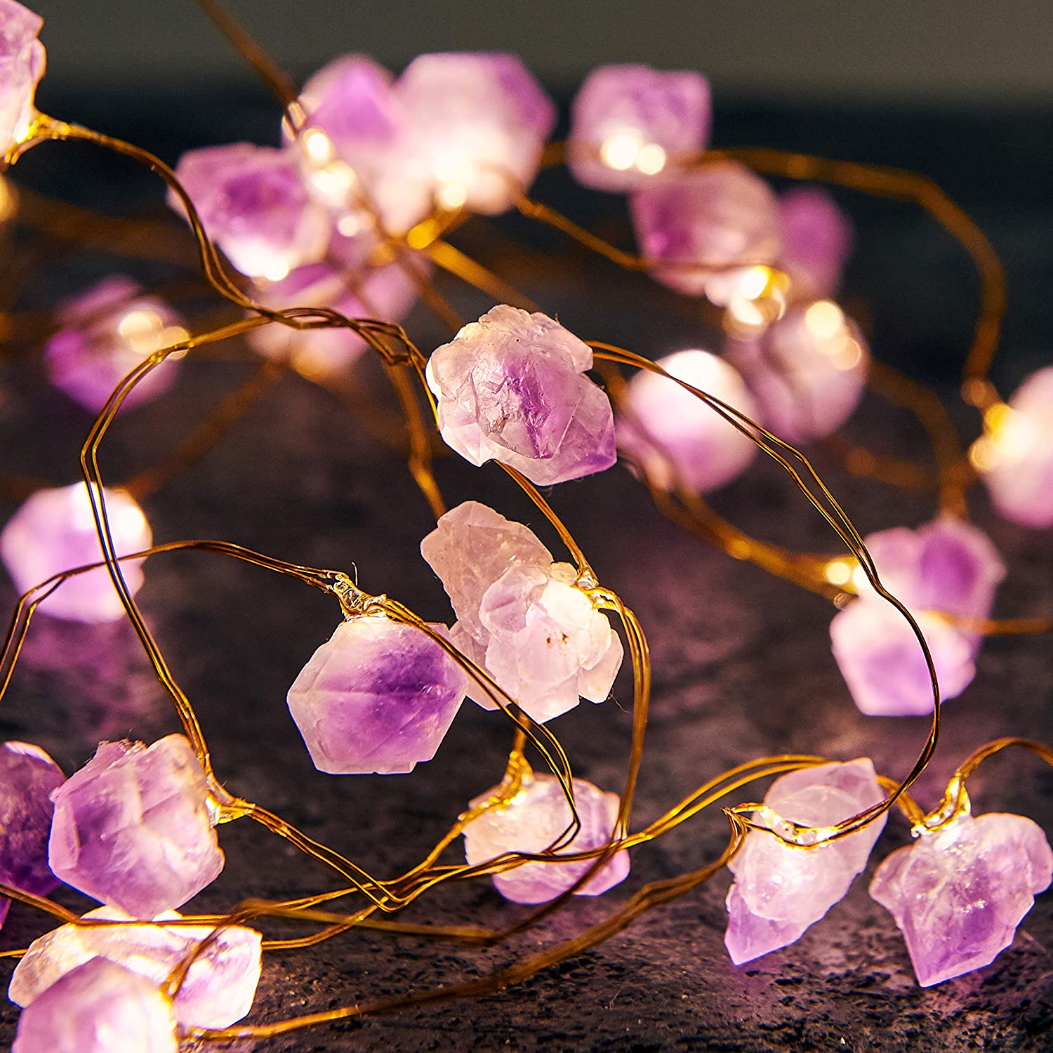 Kabbalah Cleansing Energy Clear Quartz Raw Amethyst Fairy Lights Natural Gemstone USB Fairy String Lights