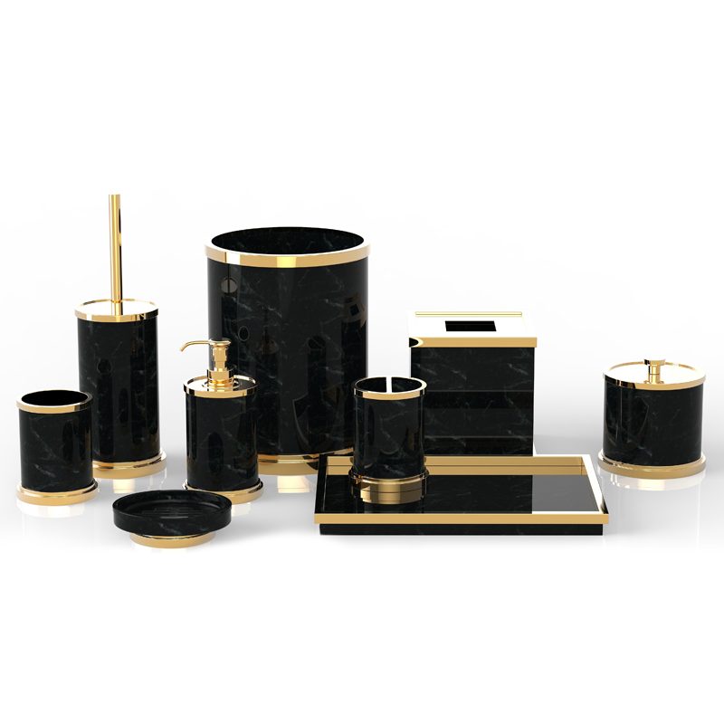 Resin Custom Bathroom Set Lotion Dispenser Soap Dish Toothbrush Holder Home Decor Black Gold Polyresin Bathroom Accessories Set