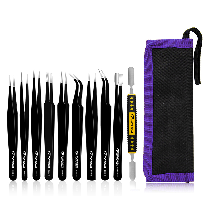 10 PCS Precision Tweezers Set Stainless Steel Electronic ESD Tweezers