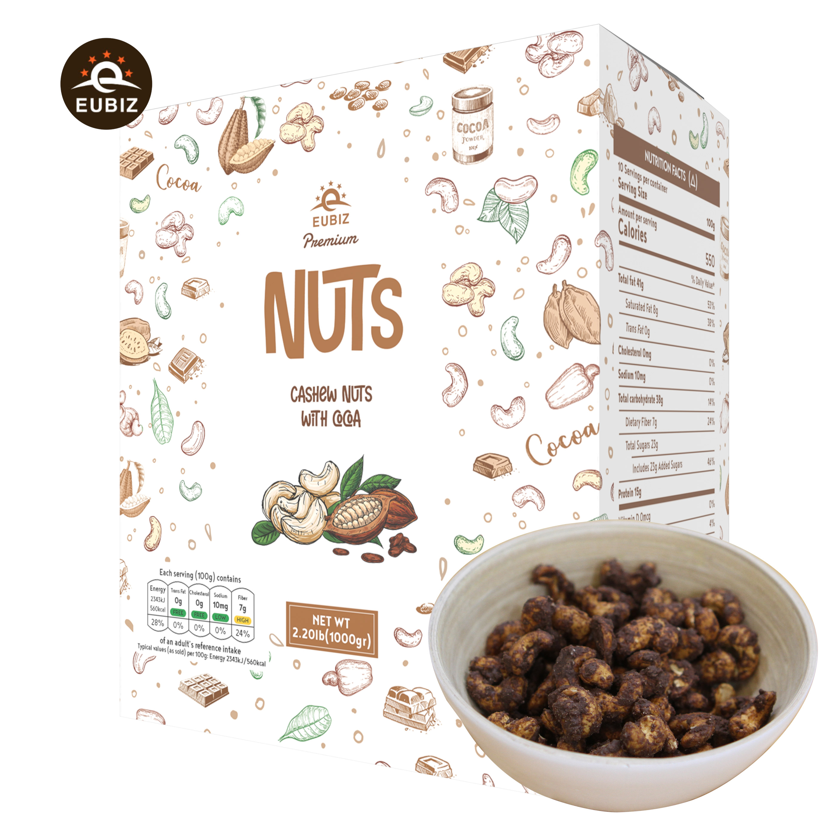 EUBIZ - Cashew nuts - Flavor: Cocao - Box (Paper) 1000g (35.3 Oz) - Made in VietNam - Healthy Snack
