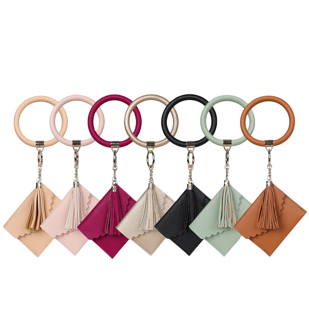 Amazon hot sale leather Key Ring Bracelet Keychain Bangle Keychain Gift Round Key Chain for Women Girls with fashion tassel