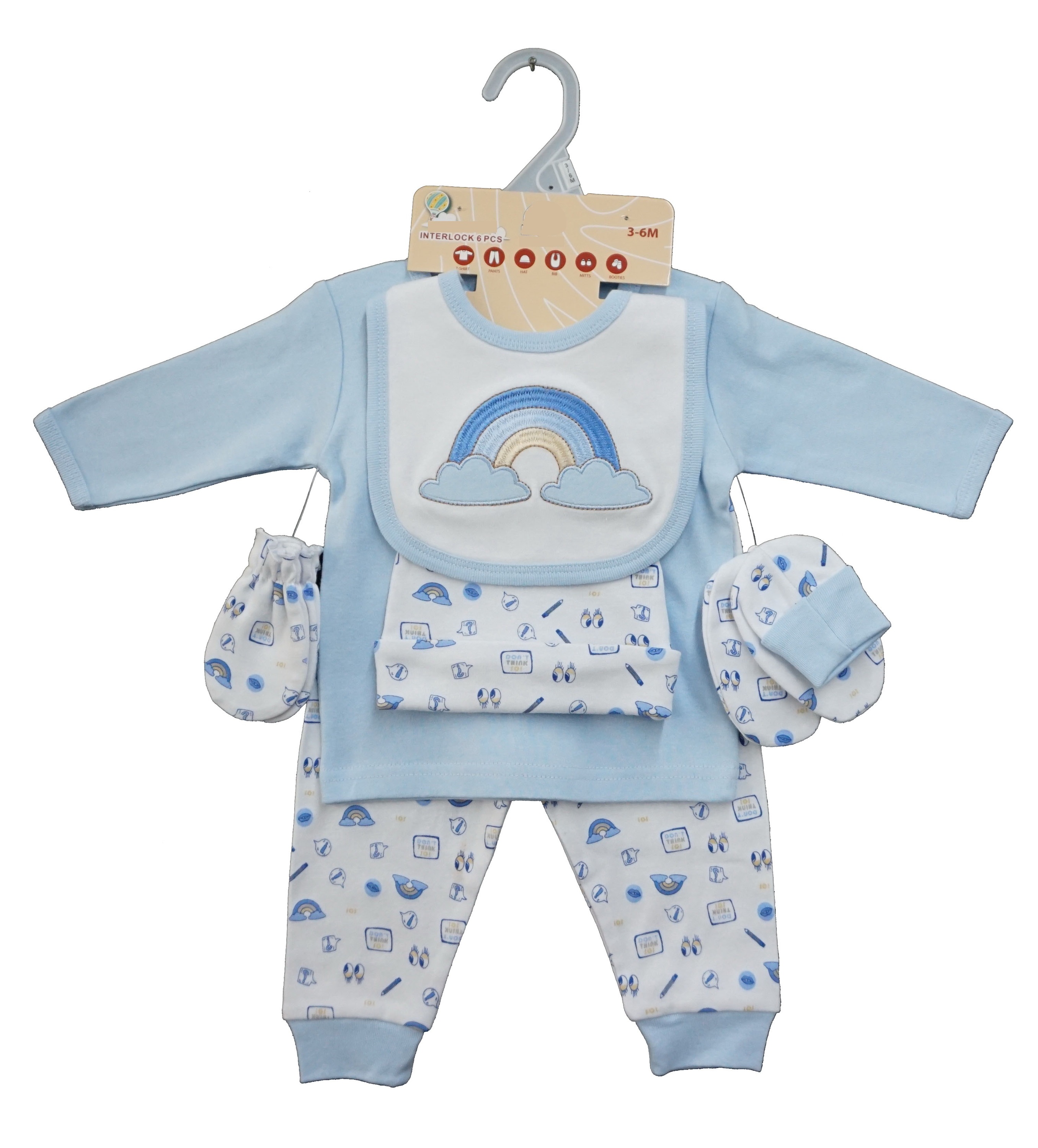 Kids Clothes 2023 Good Selling Baby Boy Clothes Blue Appliqued Tshirt Printed Pant Baby Bibs Socks Mittes Babi Hat 6 in 1