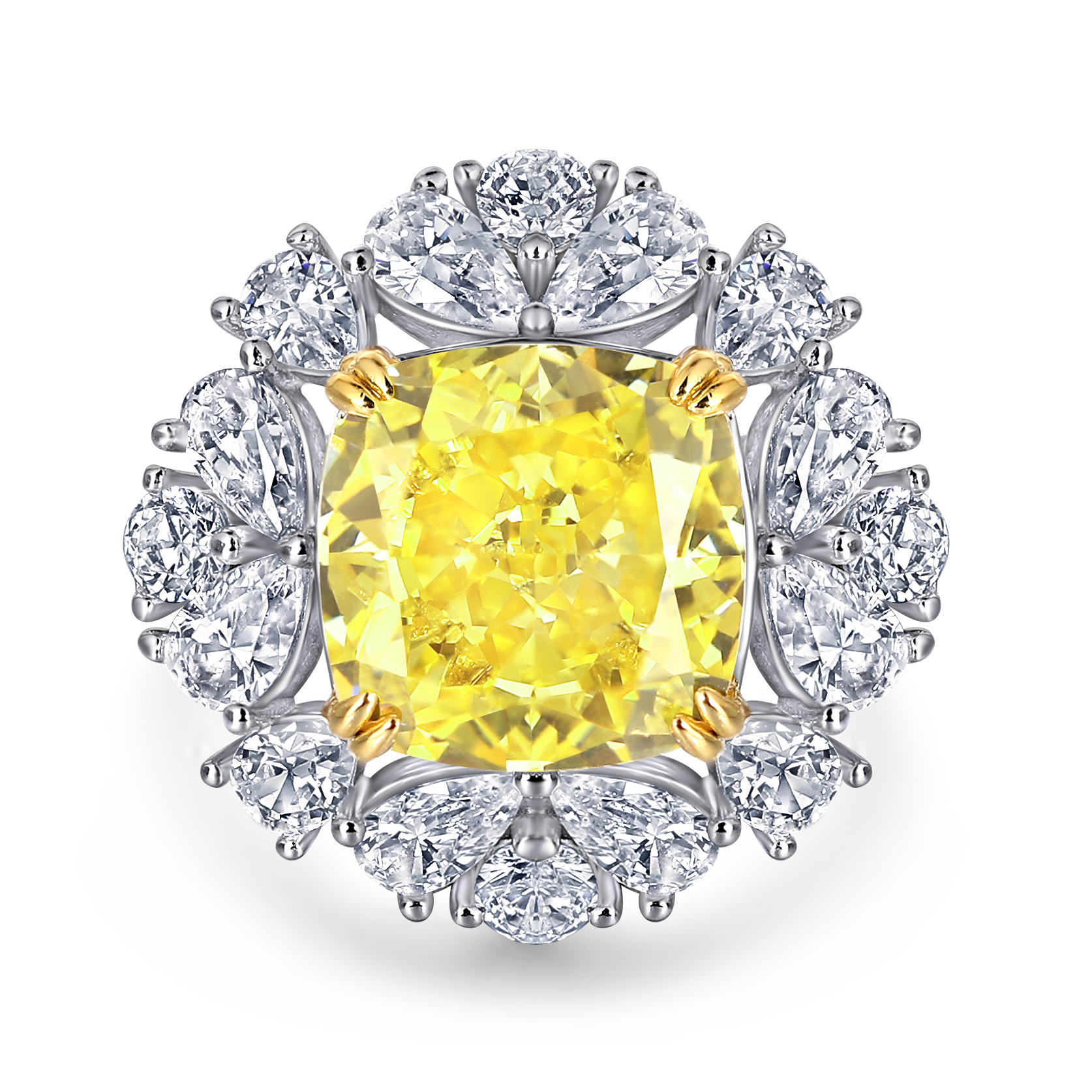 Luxury Design High Quality 925 Sterling Silver High Carbon Dril Platinum Plated Yellow Gemstone Women Engagement Ring