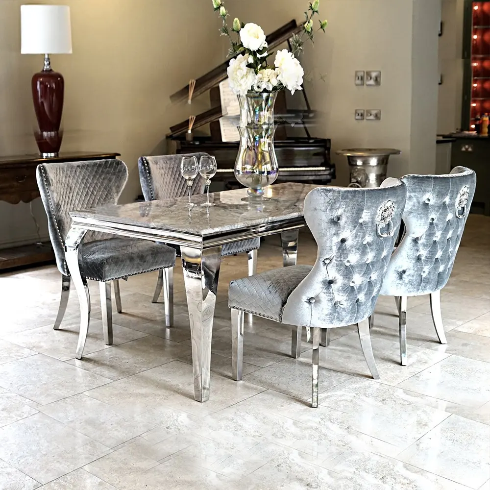 Foshan furniture dining room table 8 Seater set modern design stainless steel metal leg marble dining tables