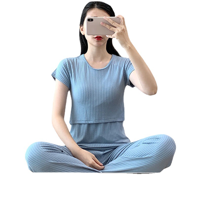 Top Selling Soft Mommy Clothing Set Summer Fashion Solid Color Maternity Suit